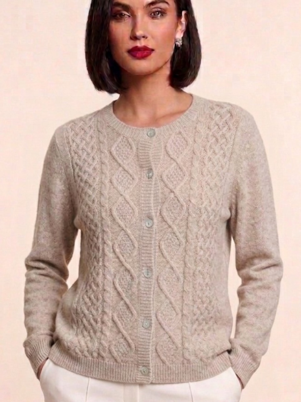 NWOT Isaac Mizrahi 100% Cashmere Cable Knit Cardigan Oatmeal Heather